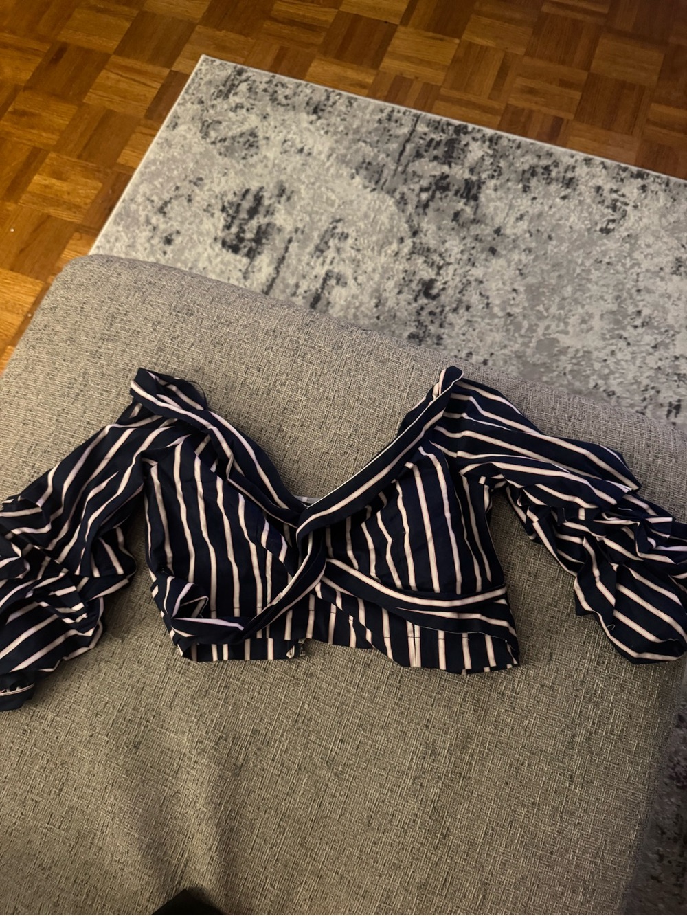 Revolve J.O.A. Blue Striped Off Shoulder Blouse